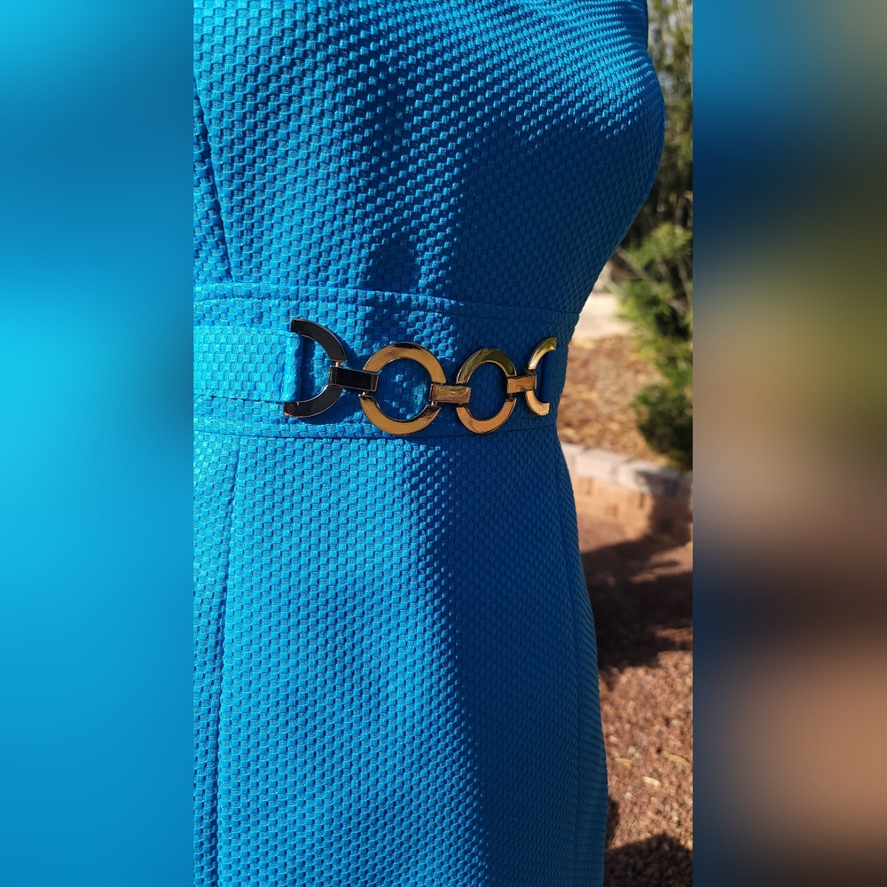 Tahari Aqua Textured Sheath Dress with Decorative Linked Belt - Picture 10 of 15